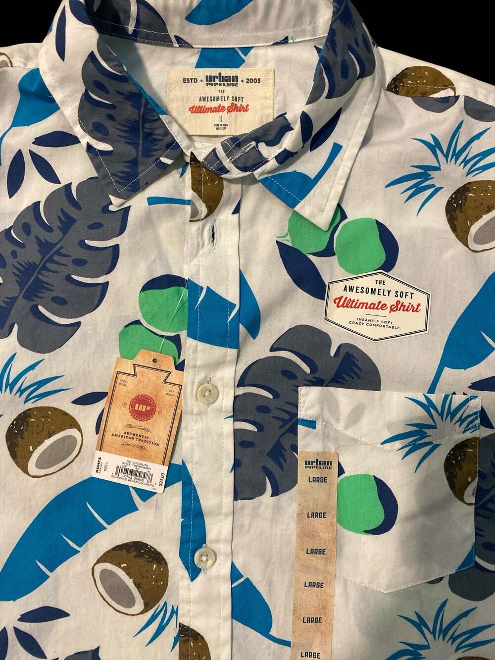 Urban Pipeline Ultimate Shirt Men's Large Tropical Coconut Print Short Sleeve Bu